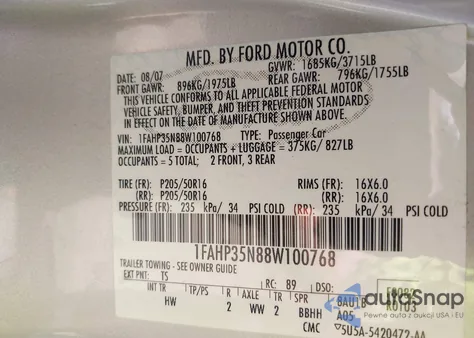 2008 Ford Focus Se/Ses from USA, damaged, VIN 1FAHP35N88W100768